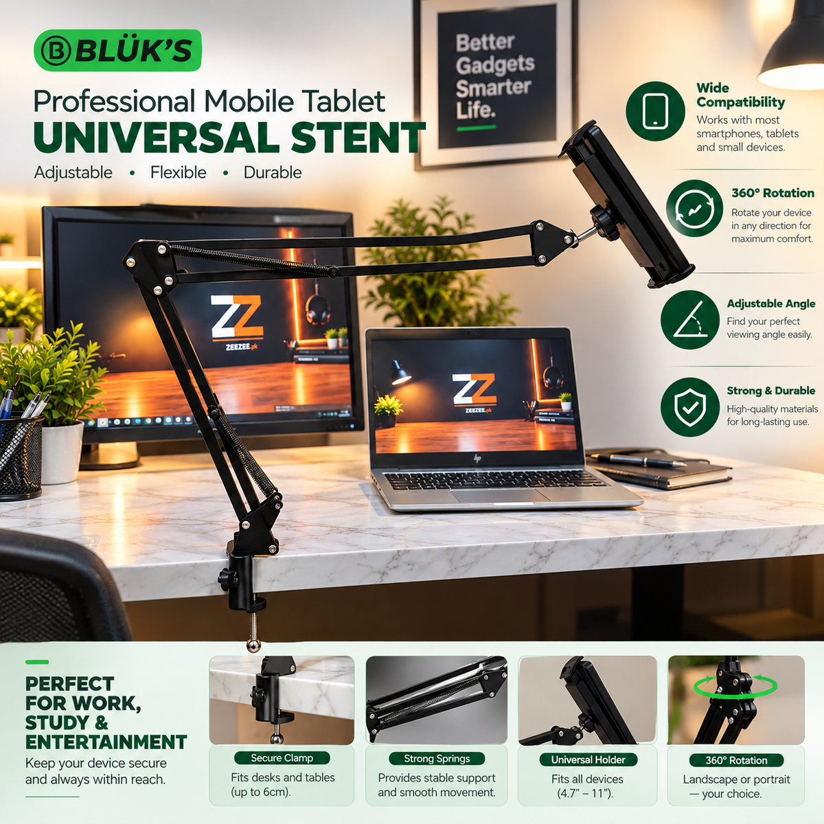 Universal Mobile & Tablet Stand – Adjustable Spring Arm Holder with 360° Rotation
